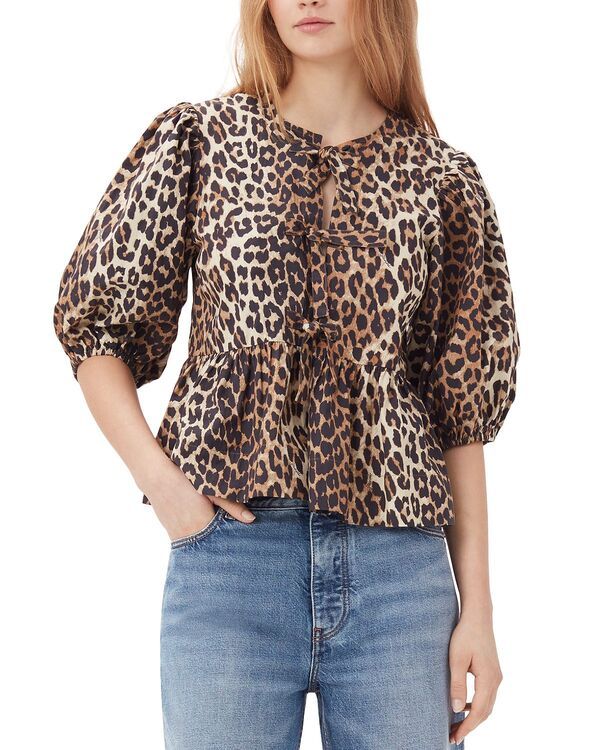 ガニー レディース トップス シャツ コットン ブラウス GANNI Leopard Tie Front Cotton Peplum Blouse Leopard アニマル