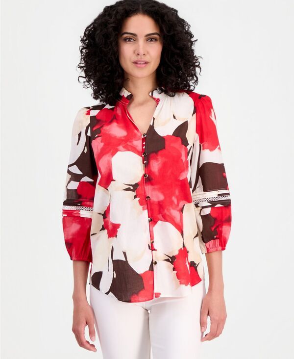 アンクライン レディース トップス シャツ フリル コットン ブラウス Anne Klein Womens Cotton RuffledNeck 34Sleeve Blouse White Dove