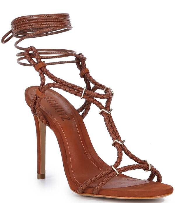 シュッツ レディース シューズ ヒール サンダル アンクル レザー Schutz Cordelia Braided Cord Leather Ankle Tie Dressandals Cognac