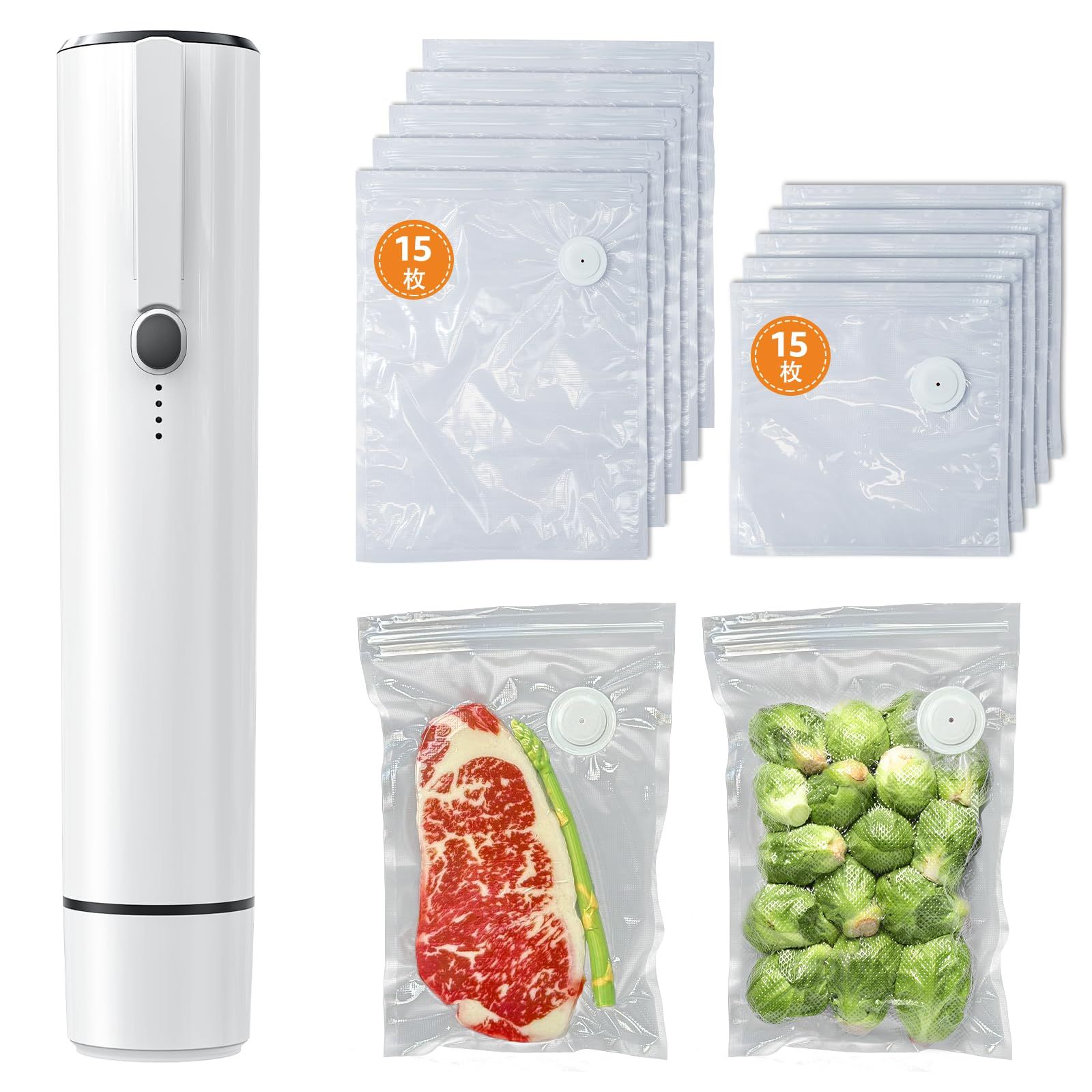 [2026 年 アップグレード版] Kulukulu真空シーラーセット、食品保存および真空調理用のポータブル真空シーラーマシン + 再利用可能な真空シールバッグ30枚 (Mサイズ15枚 + ビッグサイズ15枚)。Ju