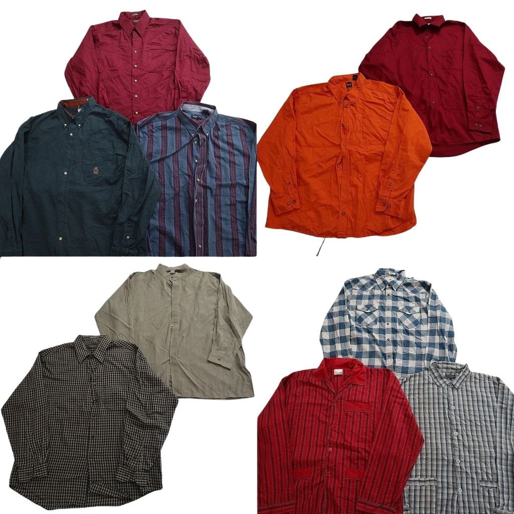 古着卸 まとめ売り 長袖シャツ 10枚セット ( メンズ XL ) ストライプ パジャマシャツ ダブルフラップ チェック 中古 古着 NF6616