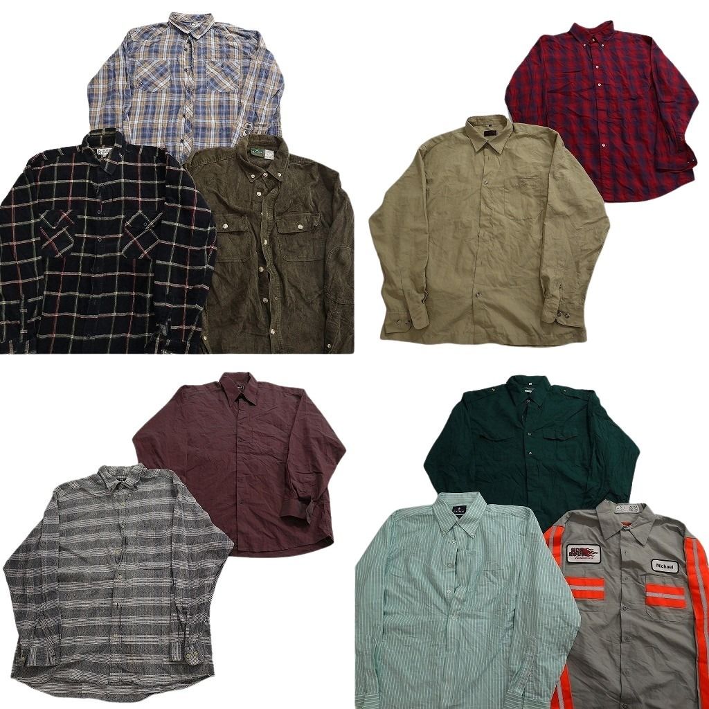 古着卸 まとめ売り 長袖シャツ 10枚セット ( メンズ XL ) ストライプ ボタンダウン ダブルフラップ チェック 中古 古着 NF6617