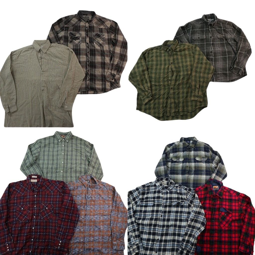 古着卸 まとめ売り フランネル ネルシャツ 長袖シャツ 10枚セット ( メンズ XL ) ダブルフラップ ボタンダウン 中古 古着 NF6464