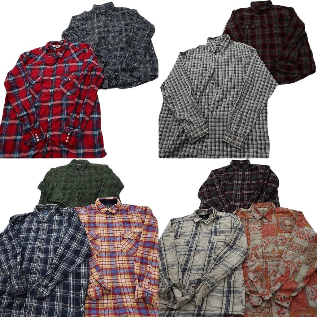 古着卸 まとめ売り フランネル ネルシャツ 長袖シャツ 10枚セット ( メンズ XL ) ダブルフラップ ボタンダウン 中古 古着 NF6588