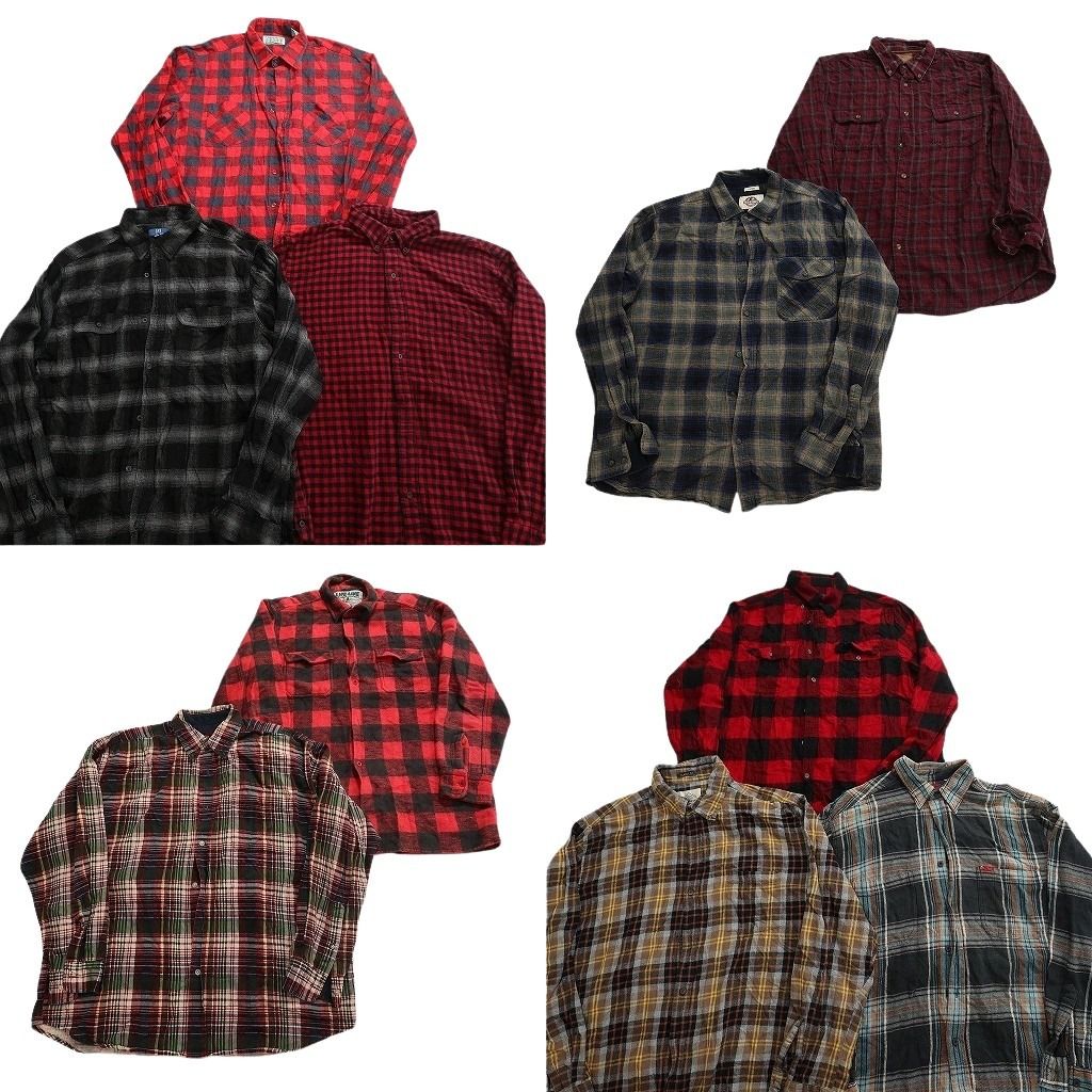 古着卸 まとめ売り フランネル ネルシャツ 長袖シャツ 10枚セット ( メンズ XL ) ブロックチェック ダブルフラップ マドラス 中古 NF6605
