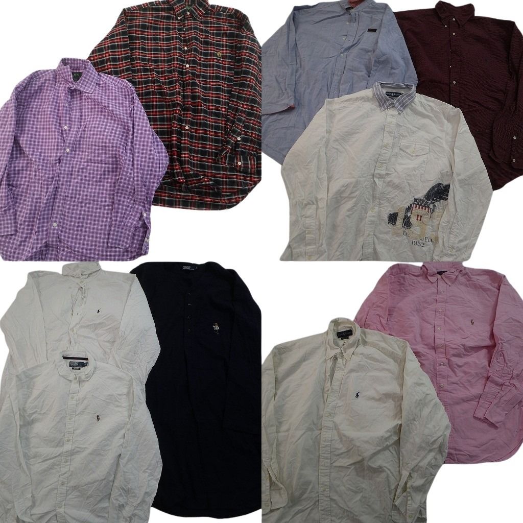 古着卸 まとめ売り Ralph Lauren ラルフローレン 長袖シャツ 10枚セット ( メンズ L/XL ) ポロベア ロング丈 ホワイト 無地 中古 NF6310