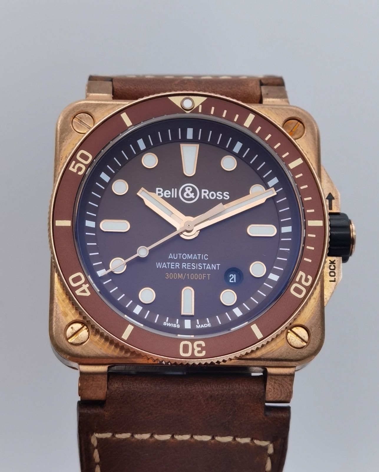中古 保証書付き ベル＆ロス Bell＆Ross ダイバー ブロンズ BR03-92-DIV-B 限定999本 デイト レッド文字盤 自動巻き メンズ 腕時計