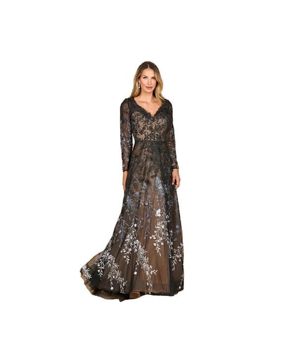 ララ レディース トップス ワンピース Vネック レース Lara Womens Long Sleeve VNeck Ombre Lace Gown Black ombre ブラック
