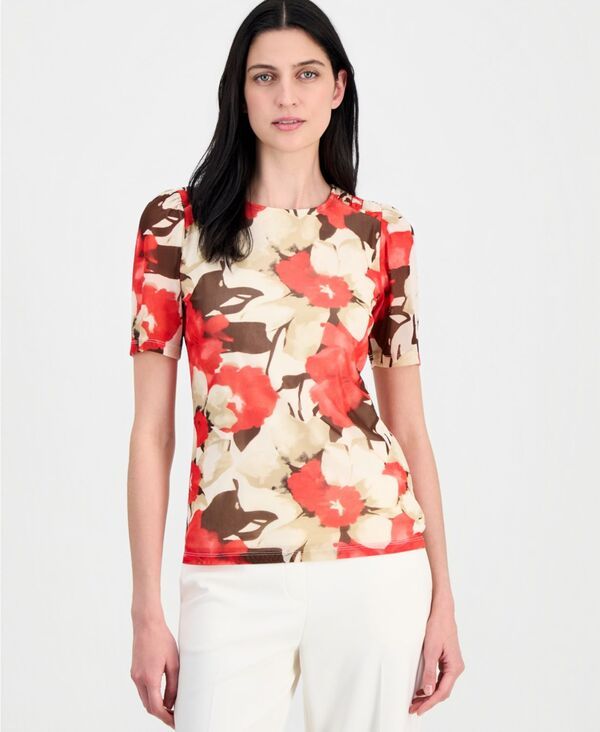 アンクライン レディース トップス シャツ プリント メッシュ 半袖 Anne Klein Womens Printed MeshortSleeve Top White Dove Multi ホワイト