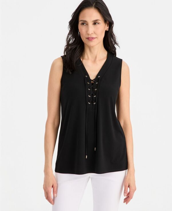 ジェイエムコレクション レディース トップス シャツ ノースリーブ レース JM Collection Womensolid LaceUp Sleeveless Top Deep Black ブラック