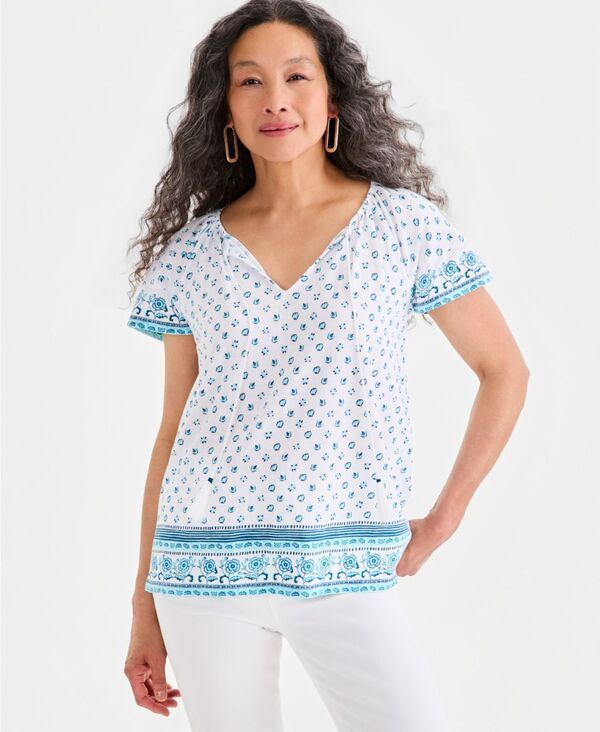 スタイルアンドコー レディース トップス シャツ プリント Style Co Womens Printed SplitNeck Flutter Sleeve Top Bright White ホワイト