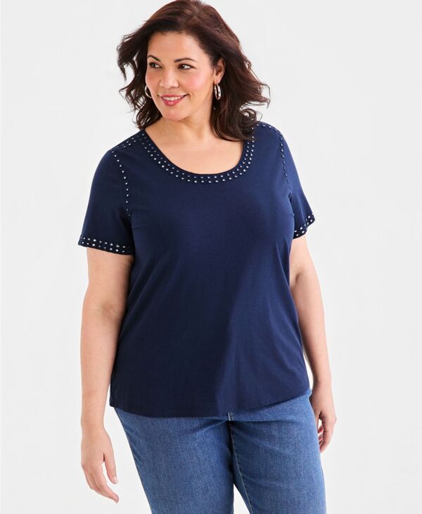 スタイルアンドコー レディース トップス シャツ Style Co Womens Embellished ScoopNeck Top Industrial Blue ブルー