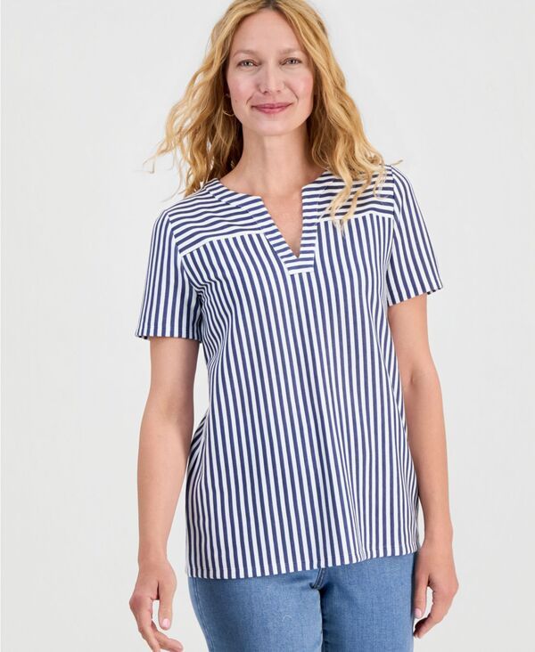 スタイルアンドコー レディース トップス シャツ 半袖 ニット Style Co WomenshortSleeve SplitNecknitop Uniform Blue ブルー