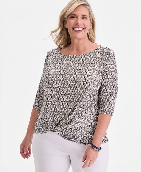 ジェイエムコレクション レディース トップス シャツ プリント JM Collection Womens Printed BoatNeck TwistFrontop Bright White ホワイト