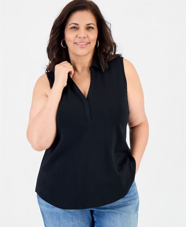スタイルアンドコー レディース トップス シャツ ノースリーブ コットン Style Co Womens Cotton JohnnyCollar Sleeveless Top Deep Black ブ