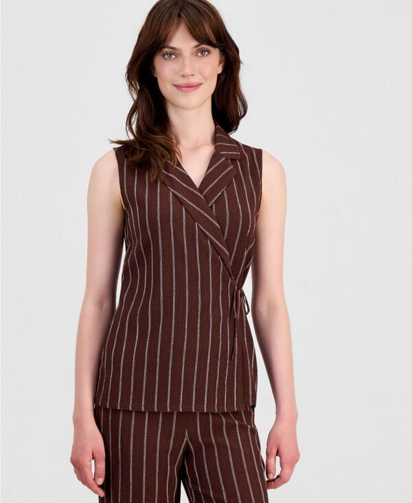 アンクライン レディース トップス シャツ プチ ノースリーブ ニット Anne Klein Womenstriped Textu redKnit Sleeveless Wrap Top Regula