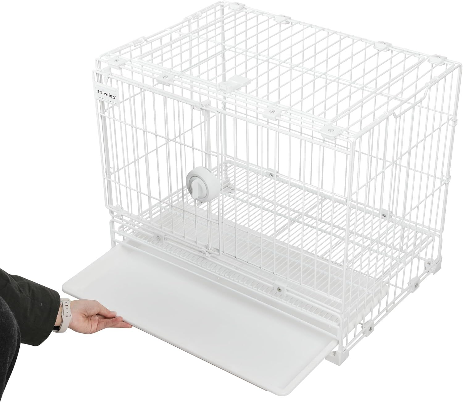 Saiveina ペットケージ 犬サークル 60x42x50cm ホワイト 折りたたみ式 トレー付き 屋根付き 小型犬 中型犬 猫 うさぎ お掃除楽ちん 横スライドドア 多段階ロック 大型天窓付き