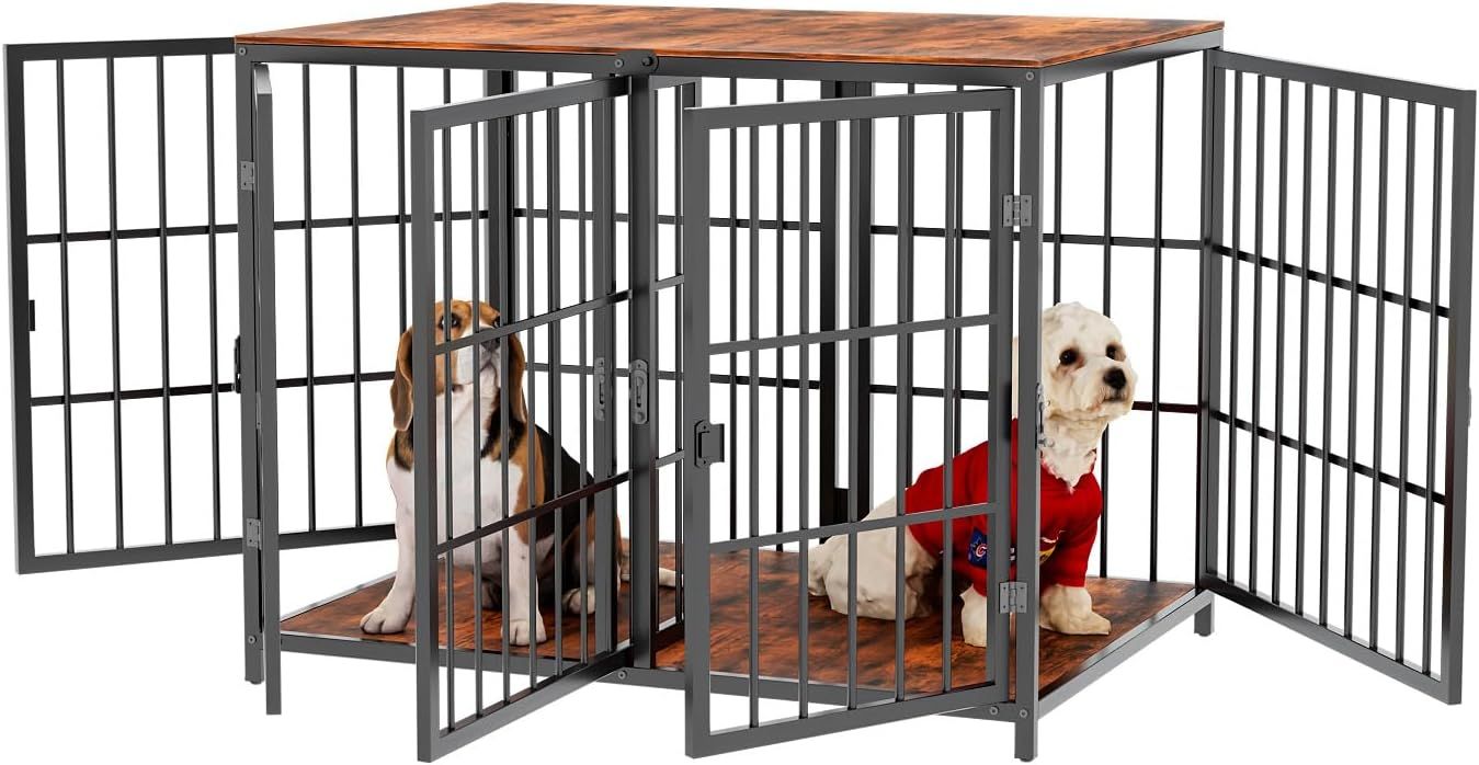 BingoPaw 大型犬ケージ 90x60x70cm 木製 2匹仕切り付 屋根付