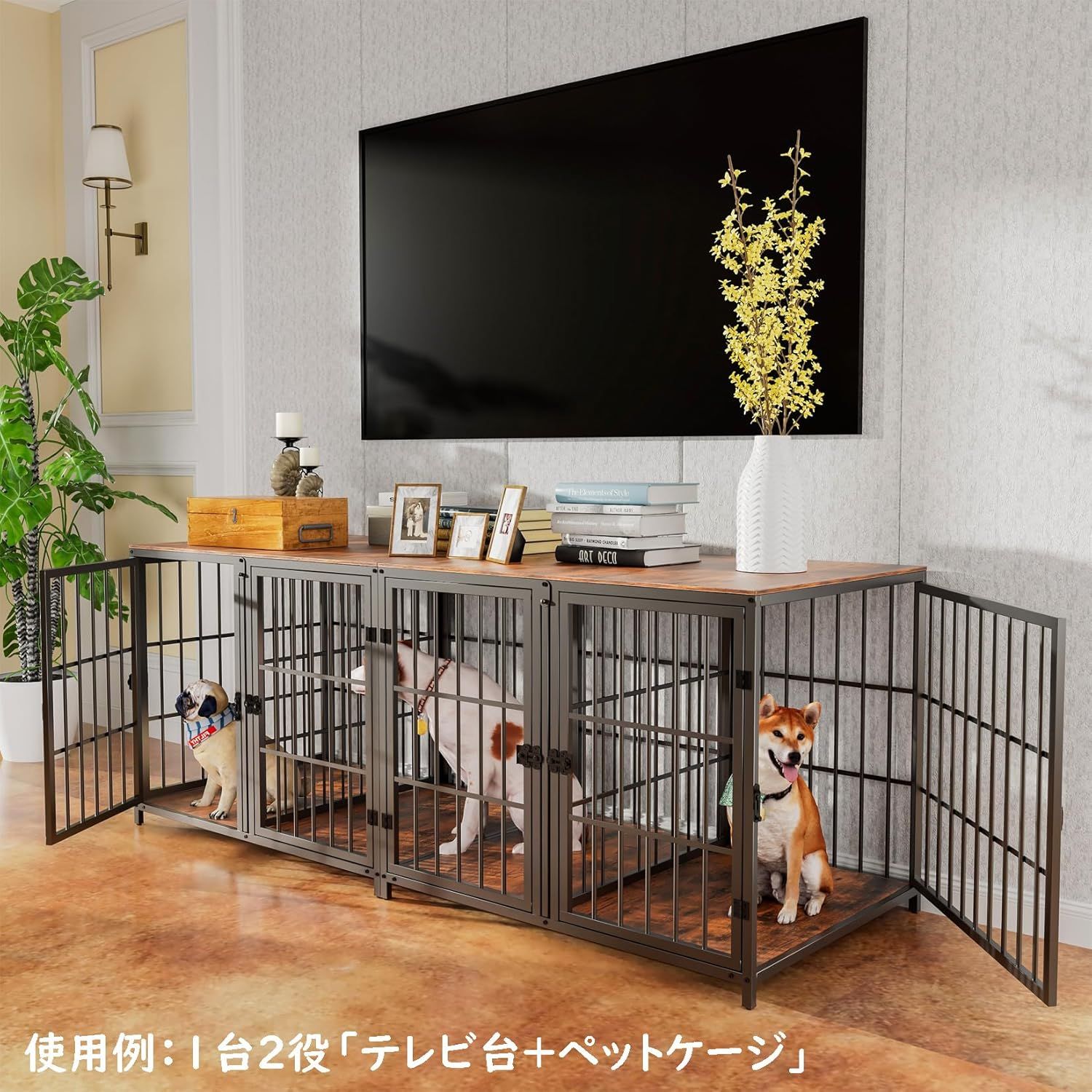 BingoPaw 大型犬ケージ 90x60x70cm 木製 2匹仕切り付 屋根付