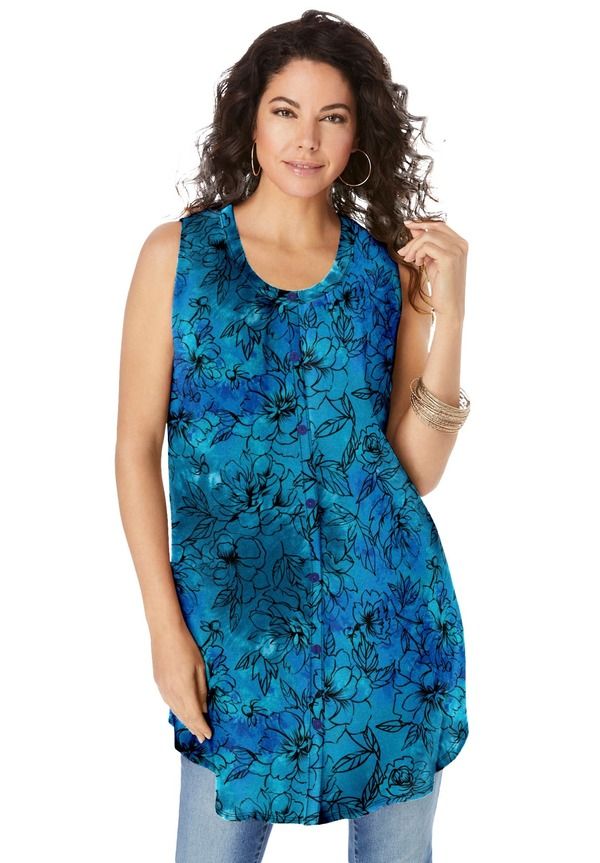 ロアマンズ レディース トップス シャツ プラスサイズ ノースリーブ Roamansleeveless Angelina Tunic Plus Regular DEEP TURQUOISE TIE D