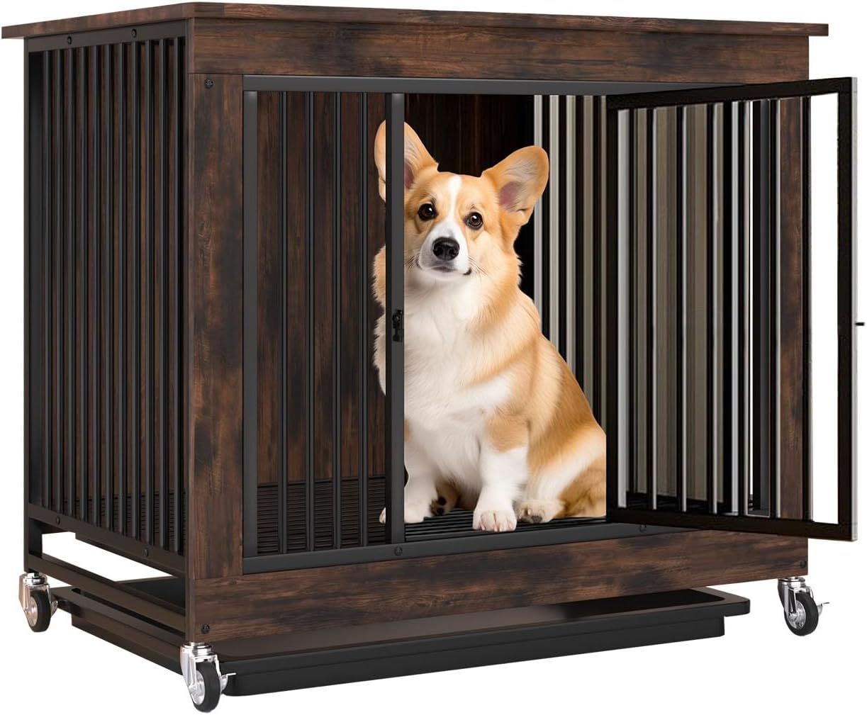 犬ケージ 小型犬 屋根付き ウッディサークル 犬小屋 中型犬 キャスター付き 木製 トレー付き 幅 80×奥行52×高さ77cm(ブラウン, S)
