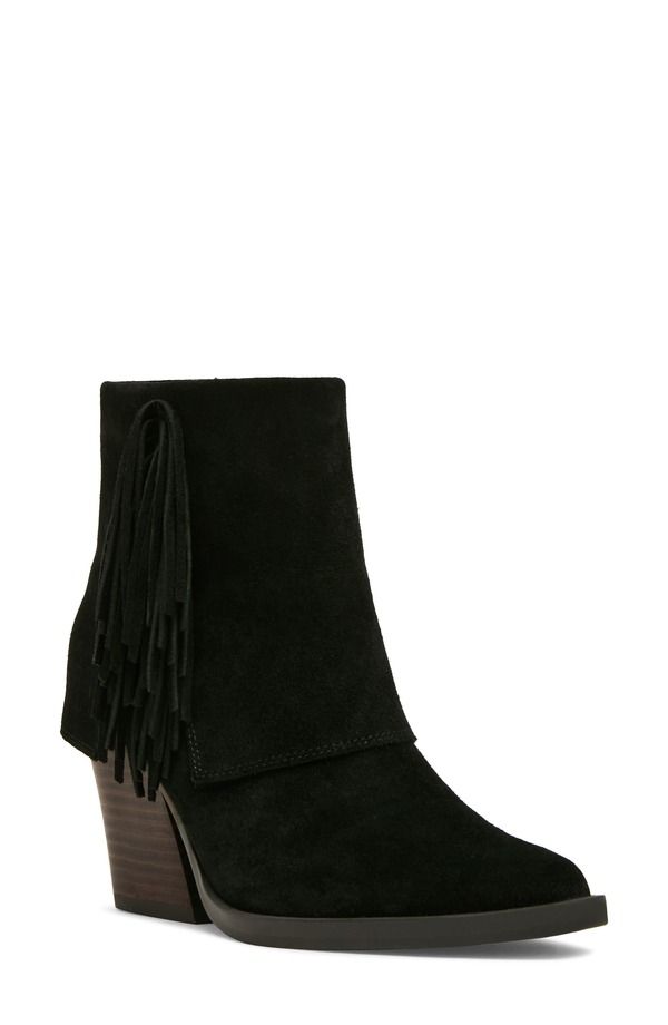 ブロンド レディース シューズ ブーツ・レインブーツ フリンジ ヒール Blondodessa Fringe Block Heel Bootie Women BLACK SUEDE ブラック