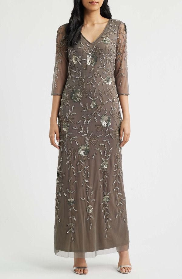 ピサッロナイツ レディース トップス ワンピースパンコール Pisarro Nightsequin Bead Gown MOCHA モカ