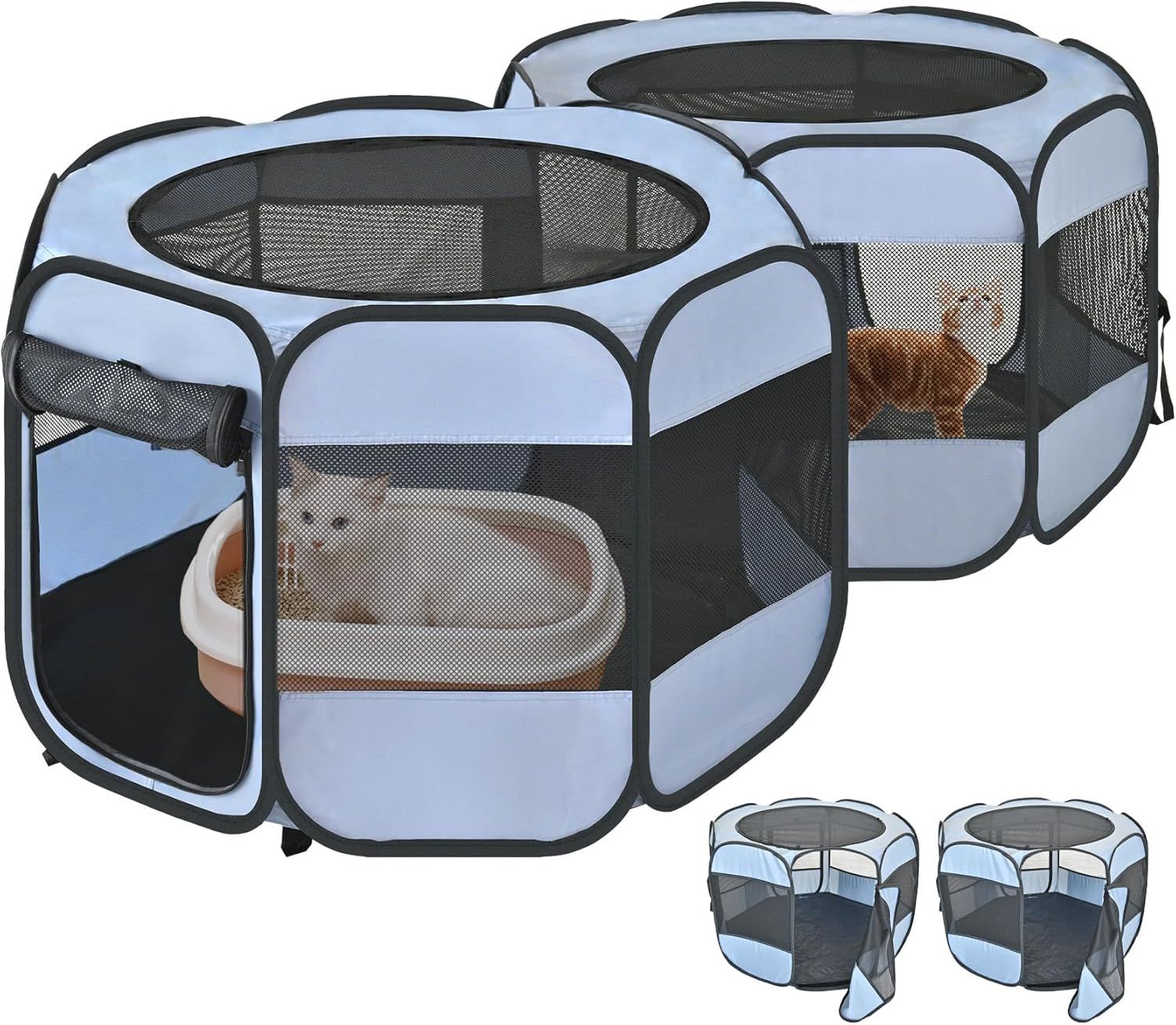 2in1猫用プレイペン 追加ドア2枚付きで2台に分離可能 ポータブル犬・猫テントエンクロージャー 子猫・子犬用 室内外兼用 Sサイズ