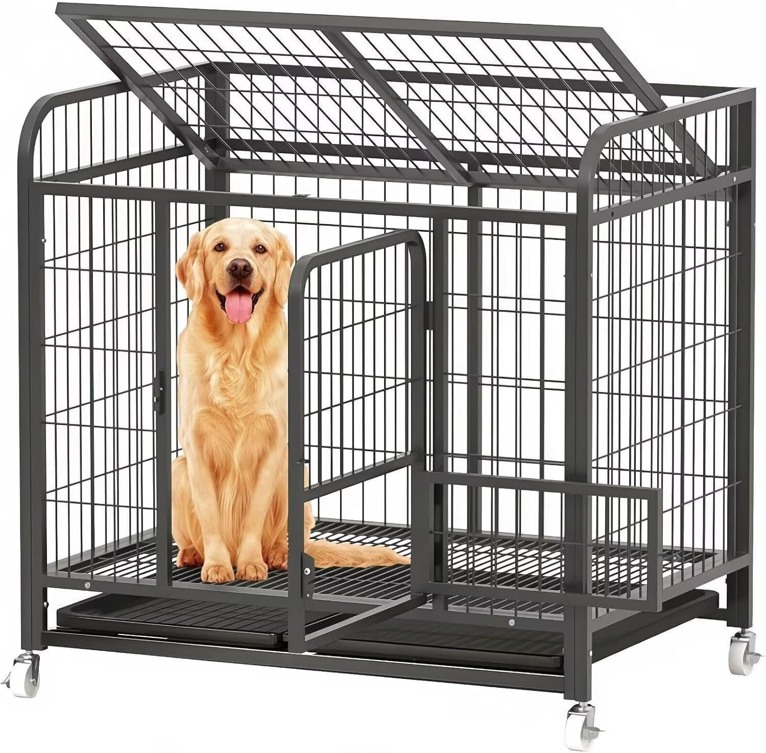 犬のケージ ペットケージ 屋根付き 110x72x102cm 犬 サークル 錆防止 ペットサークル キャスターと引き出し式トレイ付き 掃除簡単 | 安全ロック 脱出防止 多機能 ペット用品
