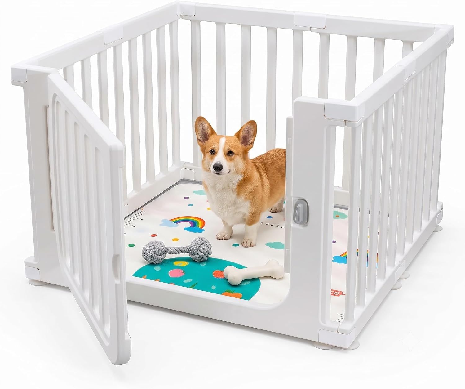 ペットサークル 犬 ドア付き 檻感がない ペットフェンス 高さ60cm 自由に組み合わせ 脱走防止 小型犬 中型犬 室内 DIY ペットケージ 組み立て簡単 吸盤固定 マット付き (7枚セット 白)