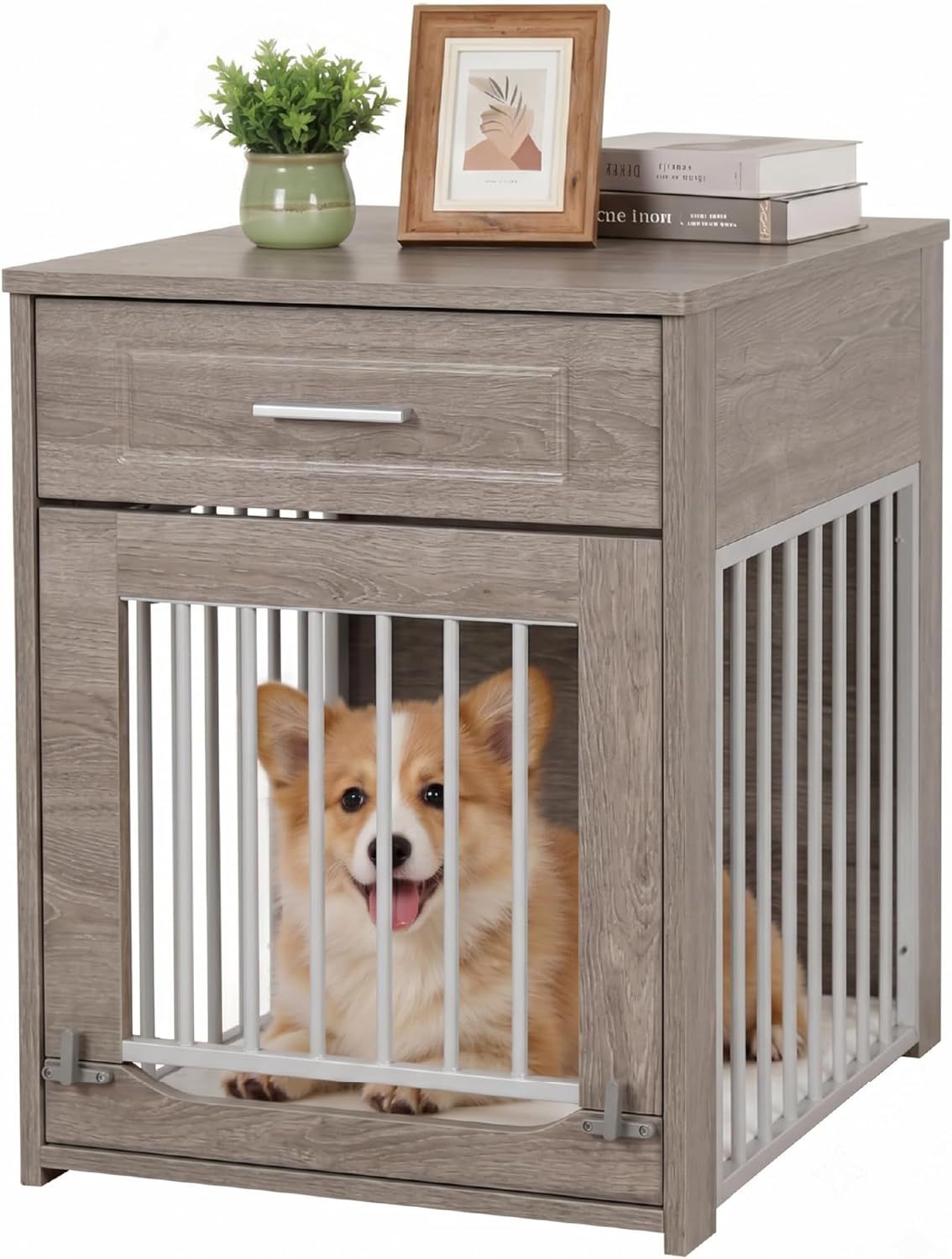 犬用ペットケージ 上開きドア付き家具調デザイン 木製インテリアサイドテーブル/引き出し収納/360°回転ボウル＆ロック機能付き (マーブル調グレー，中型)