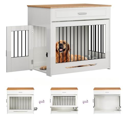 DAWNYIELD 犬用ペットケージ 上開きドア付き家具調デザイン 木製インテリアサイドテーブル/引き出し収納/360°回転ボウル＆ロック機能付き (ホワイト, 大型)