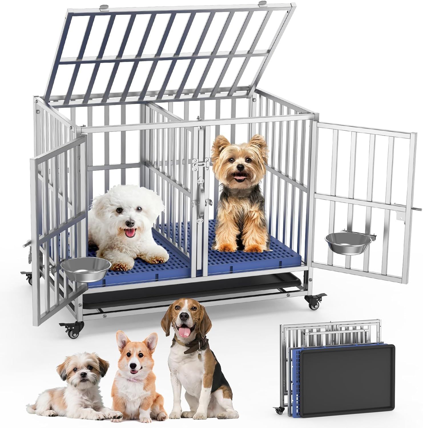 Xverycan 犬用ケージ 分割式 仕切り板付き ステンレス製 耐荷重150kg 多頭飼い向け 小型犬～大型犬対応 95×65×79cm | 1台2空間設計 2cm角棒頑丈構造 ダブルドア・天井ドア