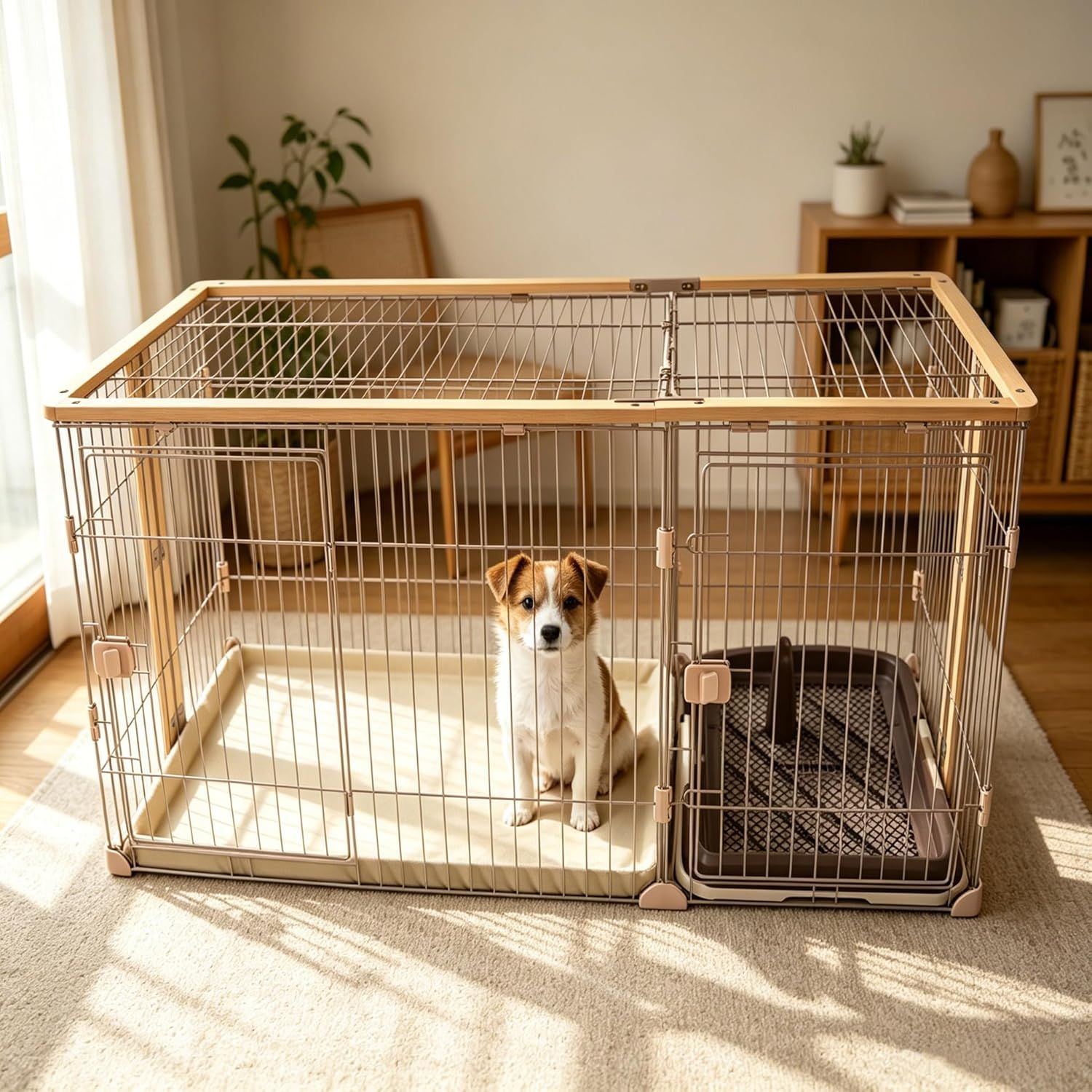 犬ケージ 屋根付き 木製フレーム メッシュ トイレ付き 室内ペットサークル 小型中型大型犬兼用 仕切り設計 お手入れ簡単 111×54×64cm ナチュラル