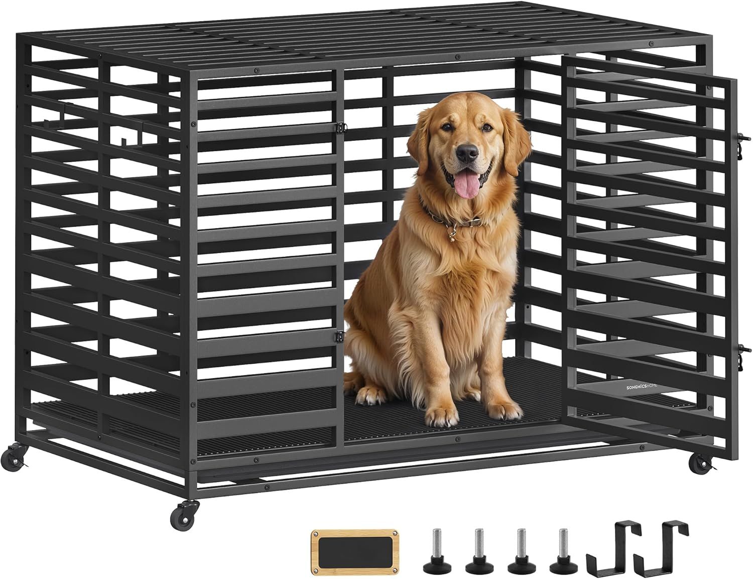 SONGMICS HOME 犬ケージ 大型犬 中型犬 トレー付 頑丈安全 拡張可能 幅122x奥行74.5x高さ88cm 組立簡単 室内外兼用 ペットサークル