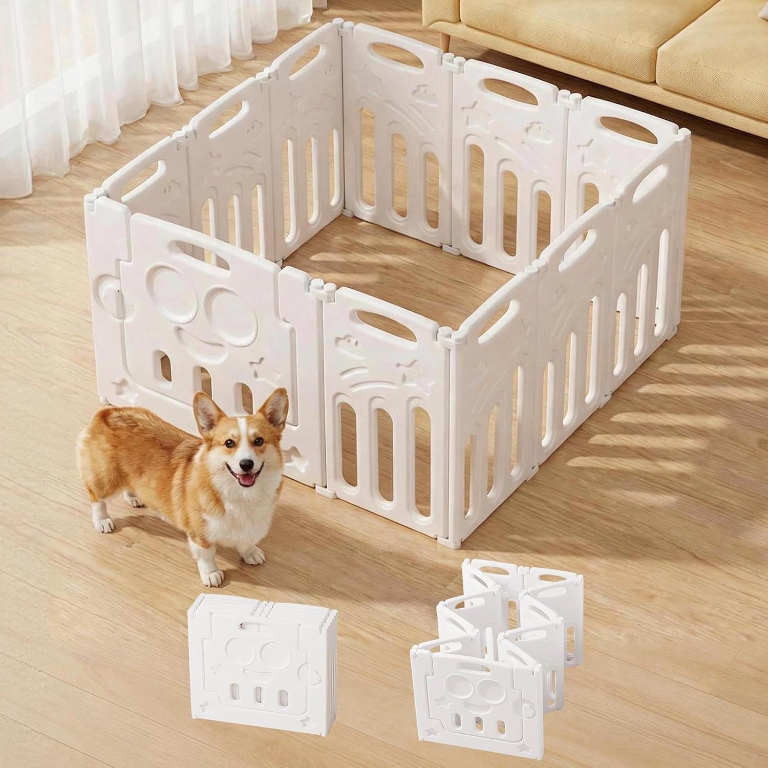 Essgudoペットフェンス組立不要犬用フェンスドア付室内用折りたたみ式ドッグゲート吸盤付中小型犬用高さ64㎝脱走防止