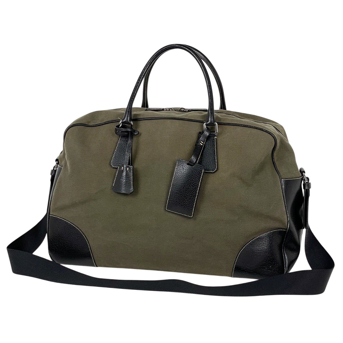 プラダ PRADA ロゴプレート ボストンバッグ 2WAY キャンバス カーキ ブラック レディース 【中古】
