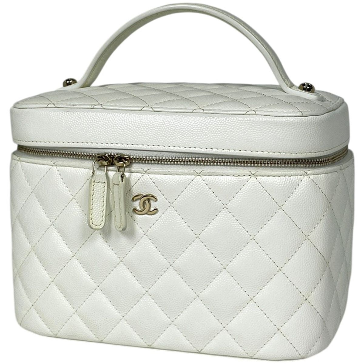シャネル CHANEL ココマーク バニティバッグ 化粧ポーチ マトラッセ ミラー付き キャビアスキン ホワイト AP2573 レディース 【中古】