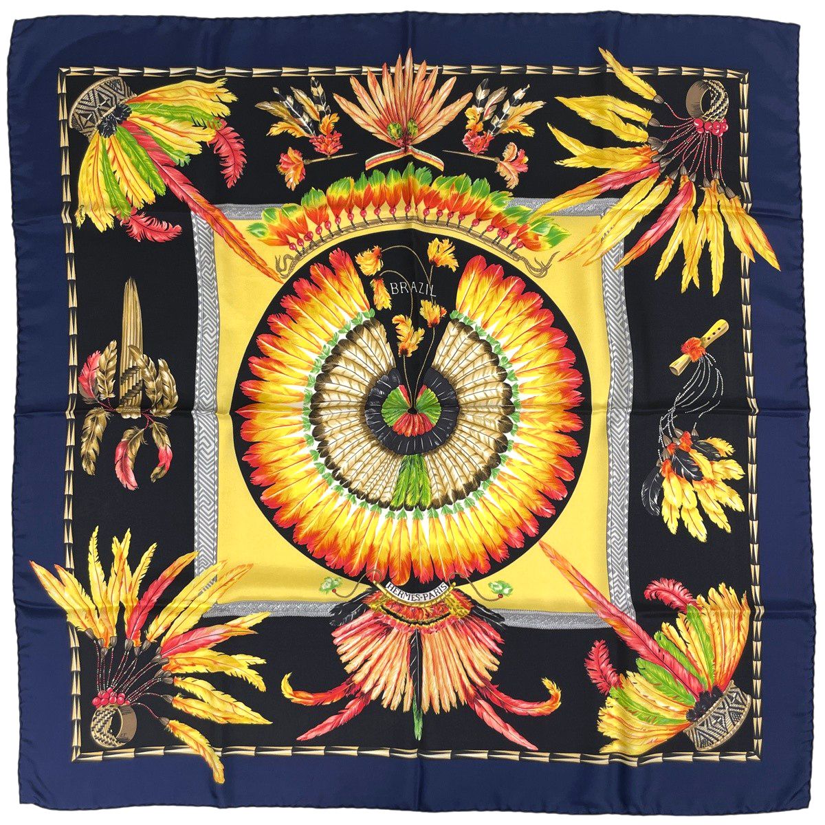 エルメス HERMES カレ90 BRAZIL detail スカーフ ブラジル ディテイル シルク ネイビー ブラック マルチカラー レディース 【中古】