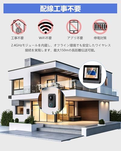 ☆新品☆【防犯・プライバシー重視】テレビドアホン インターホン カメラ付き 工事不要 ・Wi-Fi不要 ドアベル【2.4GHz無線 /双方向通話/自動録画 】4.3インチ 暗視 180°広角視野 USB充電 1000mAhバッテリー イン 超長時間スタンバイ｜詳細画像