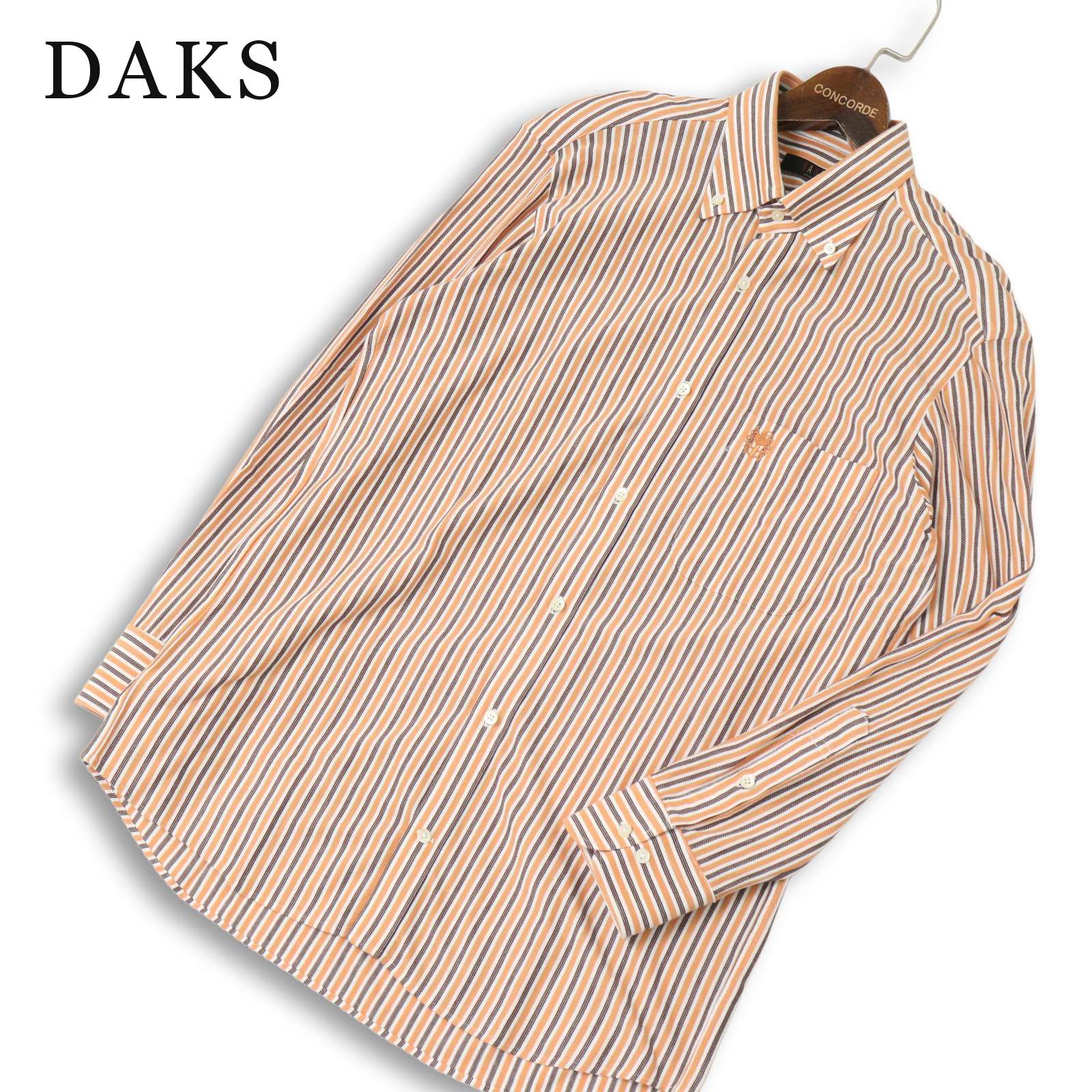 【美品】DAKS ダックス 通年 長袖 鹿の子 ストライプ ロゴ刺繍 ボタンダウン シャツ 日本製 Sz.M メンズ