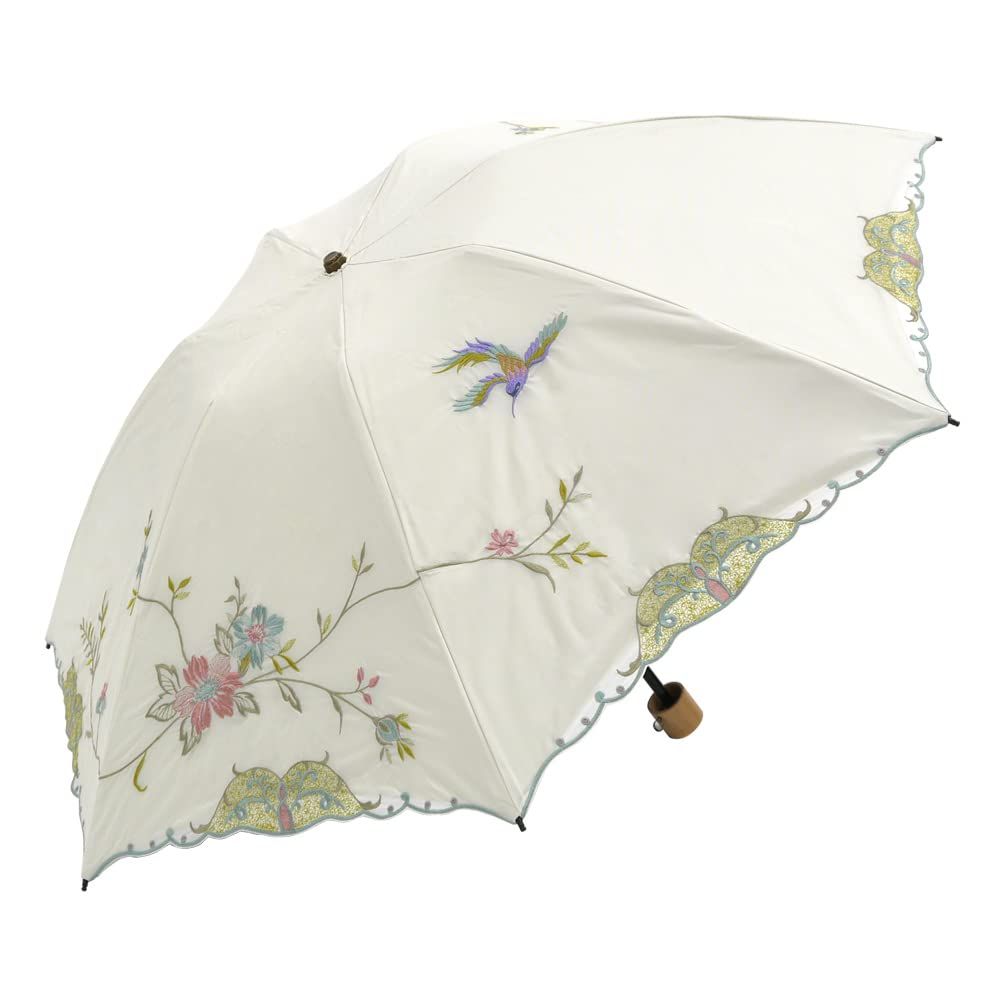 [シノワズリーモダン]日傘 折りたたみ 1級遮光 UVカット 晴雨兼用 軽量 花鳥刺繍 (ホワイト×ピンク)