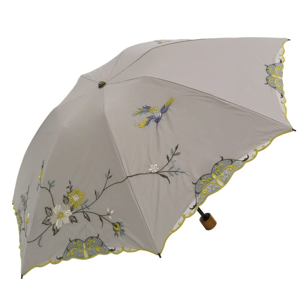[シノワズリーモダン]日傘 折りたたみ レディース１級遮光 UVカット 晴雨兼用 耐久撥水 軽量 花鳥刺繍 (グレー)