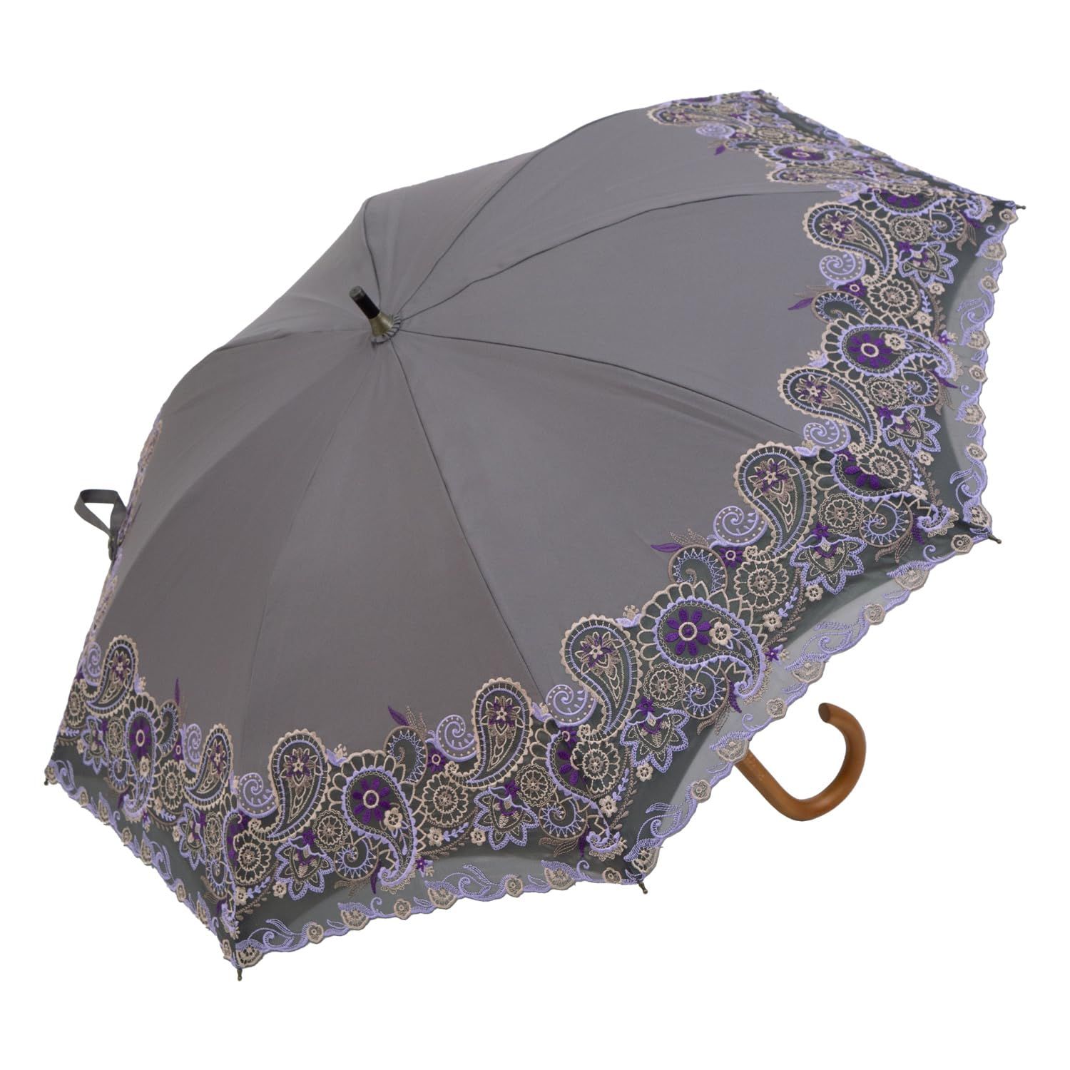 [シノワズリーモダン]日傘 晴雨兼用 長傘 レディース 完全遮光 UVカット 遮熱 ショート長傘 逃熱 更紗ペイズリー刺繍 オーガンジーカットワーク 母の日 (グレー) 12,038円