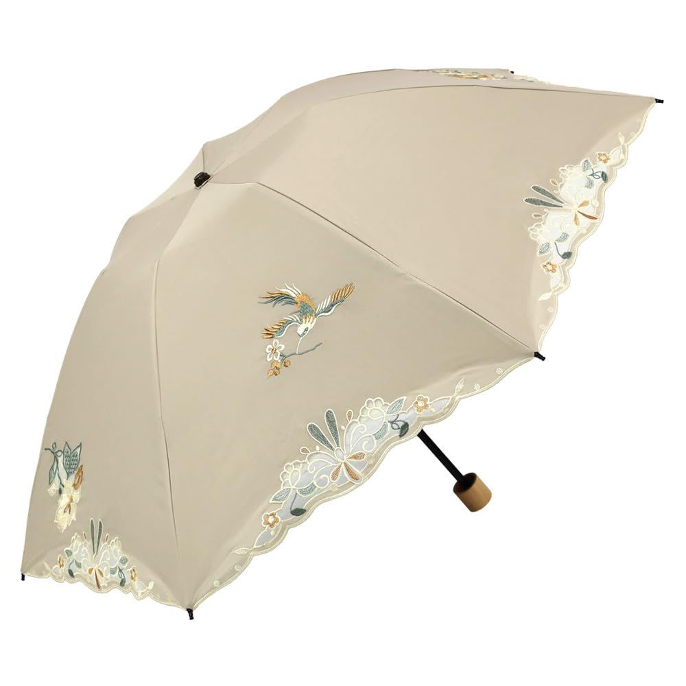 [シノワズリーモダン]日傘 折りたたみ レディース１級遮光 UVカット 晴雨兼用 カットワーク刺繍 オーガンジー 3段折りたたみ 軽量 花鳥刺繍 (モカ)