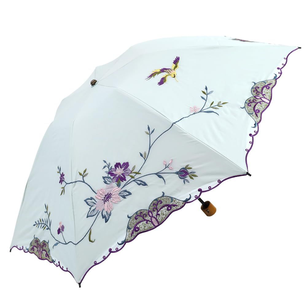 [シノワズリーモダン]日傘 折りたたみ レディース１級遮光 UVカット 晴雨兼用 耐久撥水 軽量 花鳥刺繍 母の日 ギフト 贈り物 (ミント)