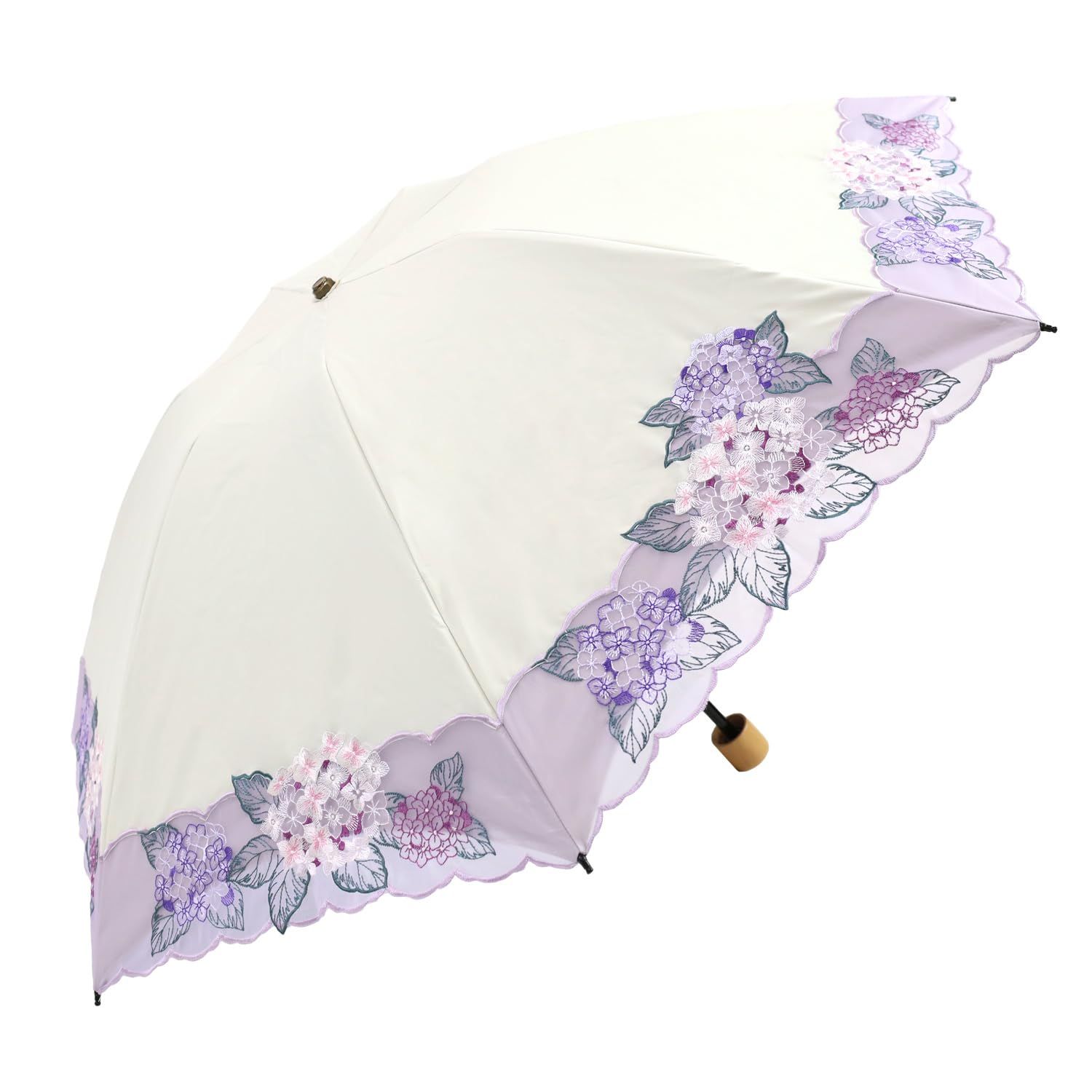 [シノワズリーモダン]日傘 折りたたみ レディース１級遮光 UVカット 晴雨兼用 カットワーク刺繍 オーガンジー 3段折りたたみ 軽量 紫陽花刺繍 (ホワイト)