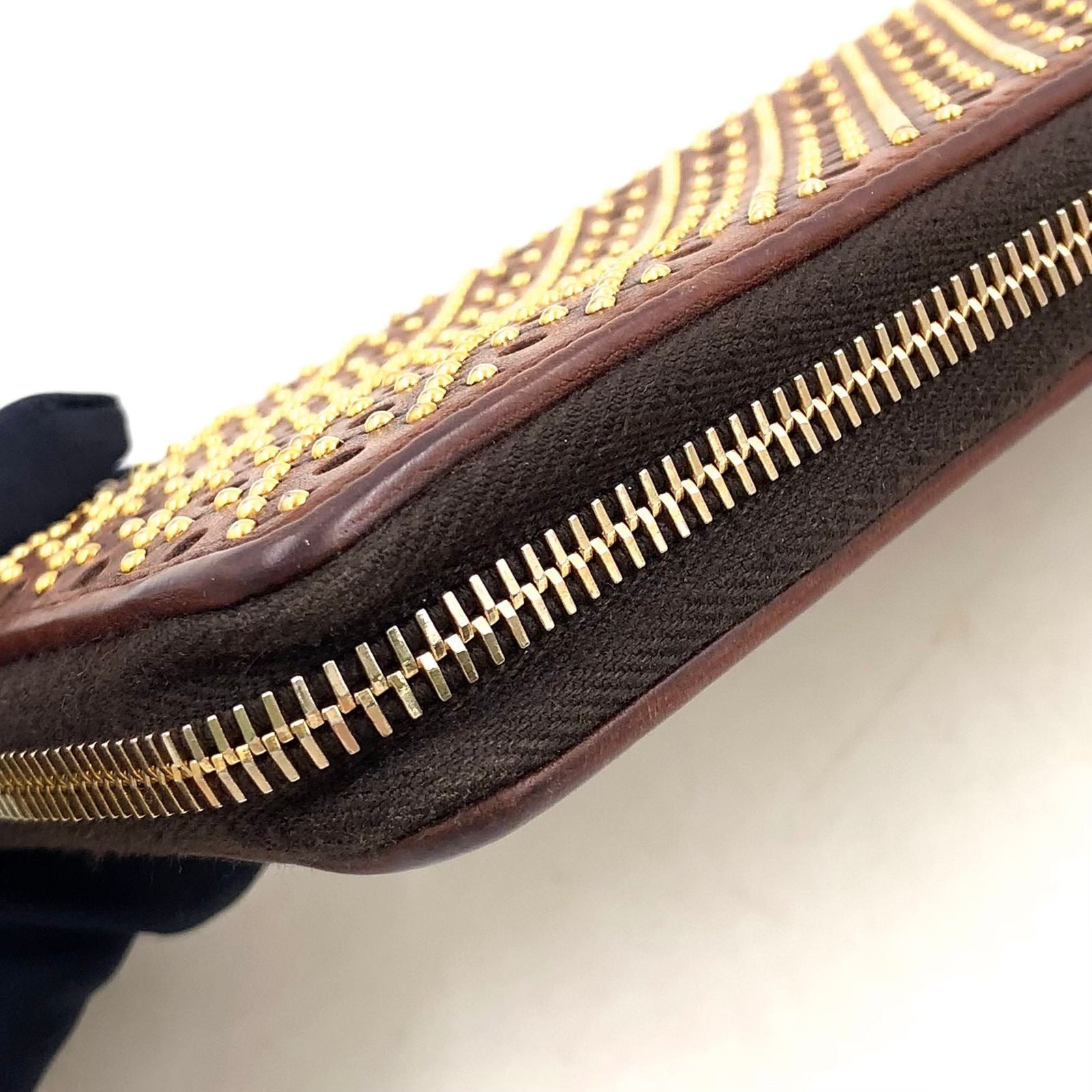 新着】GUCCI ウーブンウェブ ラウンドファスナー レザー ブラウン 長