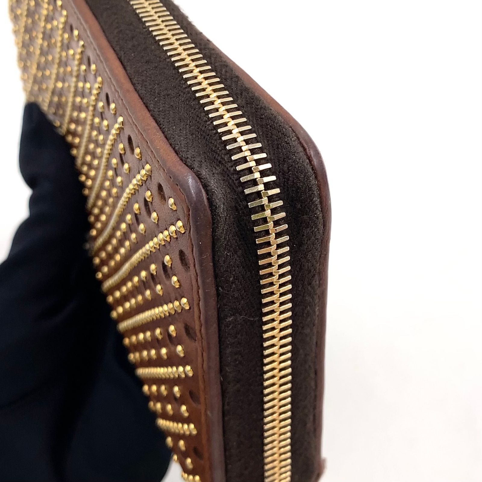 新着】GUCCI ウーブンウェブ ラウンドファスナー レザー ブラウン 長