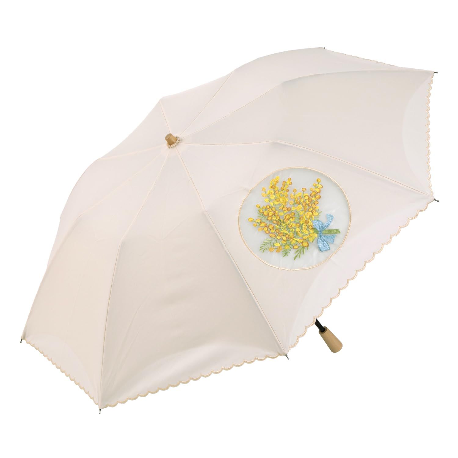 [シノワズリーモダン]日傘 完全遮光 晴雨兼用レディース ショート日傘 刺繍 ミモザ UVカット100％ 紫外線対策 遮光率100％ 遮熱 涼しい かわず張り 母の日 ギフト 贈り物 (ベージュ)